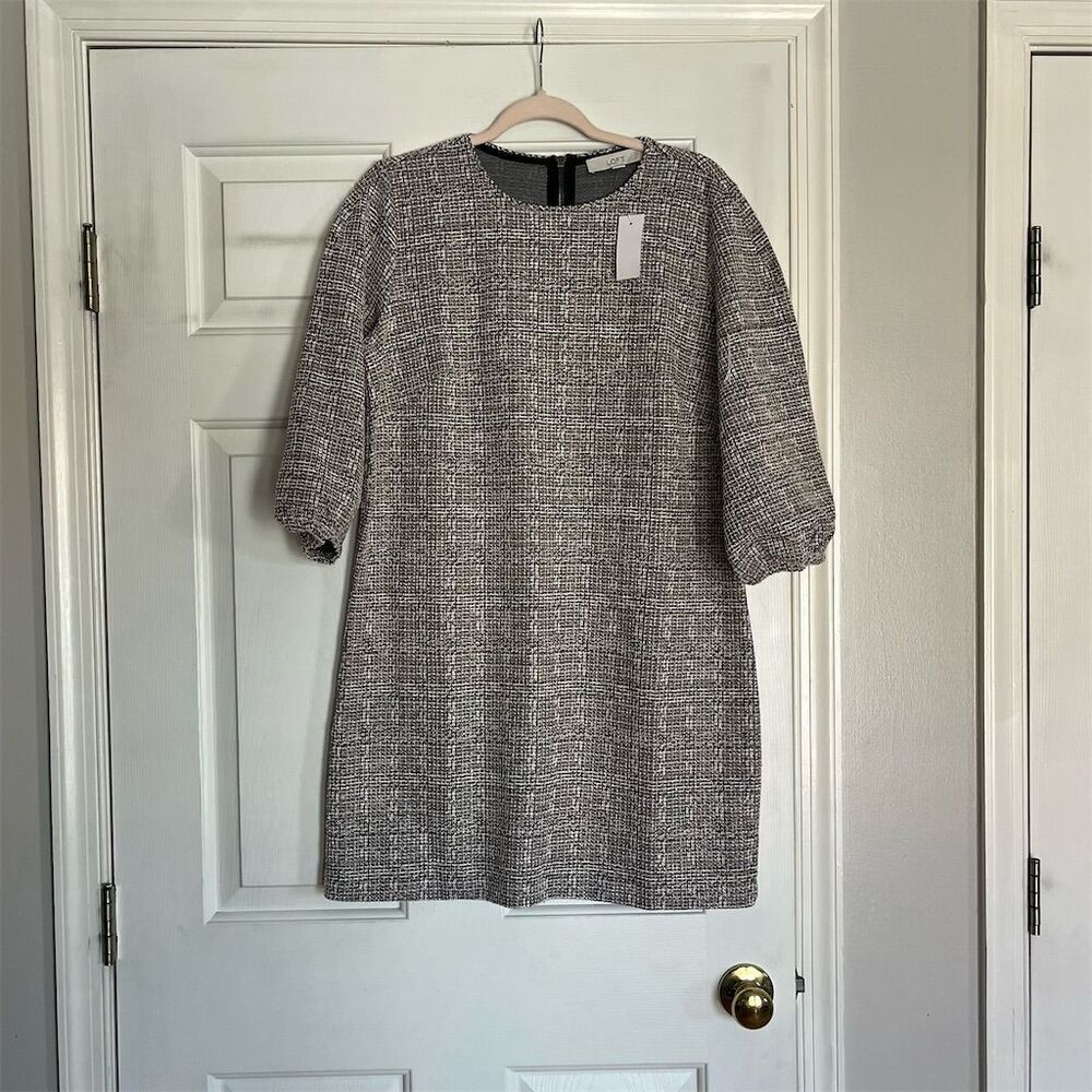 LOFT Women's Black Tweed Shift Dress Size 12 Knee Length Short Sleeve